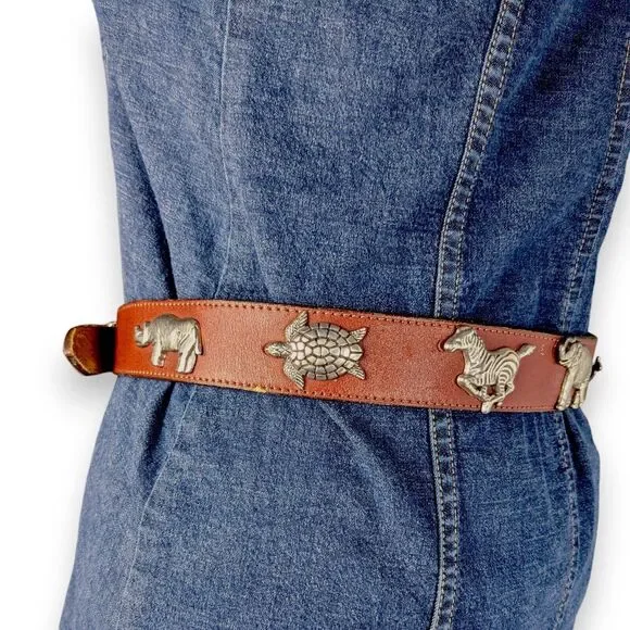 Vintage Zoo Animal Belt Womens 30 Brown Leather Turtle Elephant Tiger Zebra - Picture 3 of 14